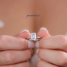 Solid 14K White Gold Real Moissanite Solitaire Engagement Ring 2 Ct Emerald Cut picture