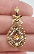 Antique Victorian 14k Gold Rose Cut Diamond & Seed Pearl LAVALIER Bow Pendant picture