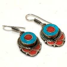 Red Coral Tibetan Turquoise Gemstone Drop/Dangle Nepali Earrings 2.10
