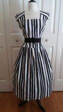 Vintage 1950s French Black & White Striped Cotton Full Dress + Square Collar picture