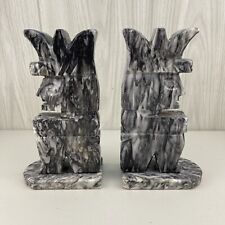 Vintage Hand Carved Aztec Mayan Tribal Gray Stone Onyx Marble Bookends 8.25