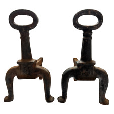 Set of 2 Antique #3 Cast Iron Fireplace Keyhole Andirons picture