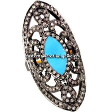 Gorgeous 3.40Ctw Rose Cut Diamond Turquoise Studded Silver Vintage Ring Jewelry picture
