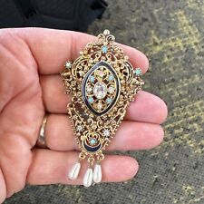 Vintage Florenza Gold Toned Filigree Turquoise Color Faux Pearl Brooch picture