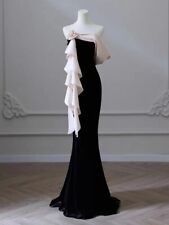 Vintage Evening Dress Strapless Ribbon Mermaid Black Velvet Ruffle Cocktail Gown picture