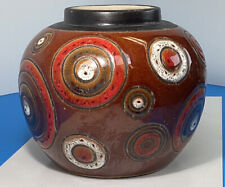 Mid century modern ceramic art studio brown glaze With circles vase jar picture