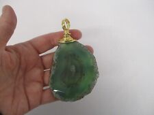 LARGE ARTISAN HAND MADE POLISHED GREEN GEMSTONE PENDANT with CRYSTALS 3 3/4