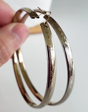Vintage 1940s Flat Tubular Hoop Vine Textured Gold Tone Pierced Earrings 2-5/8