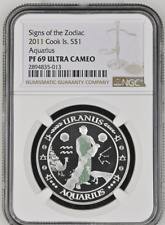 1 DOLLAR 2011 COOK ISLAND ZODIAC SIGNS AQUARIUS SILVER PROOF NGC PF69 picture