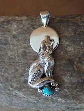 Navajo Indian Sterling Silver Hand Stamped Turquoise Wolf Pendant by Yellowhair picture