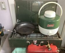 Lot Of Coleman Gear-1984 413H 2 Burner Stove, Gallon Water Jug & 10” Frying Pan picture