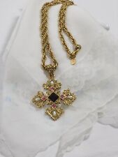 Vintage 1928 Brand Gold Tone Red /Pink Rhinestones Cross Pendant Chain Necklace picture