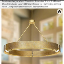 Farmhouse Wagon Wheel Chandelier, Dimmable Rustic Gold Round Chandelier, LED picture