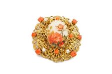 Vintage West Germany Cameo Brooch Pin Gold Tone Faux Pearl Coral Roses picture
