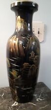 FIERCE Large Vintage Asian Chinoiserie Vase Black Gold Green HANDPAINTED picture