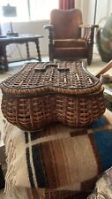 Antique Victorian Wicker Rattan Sewing Basket Green Satin Lining picture