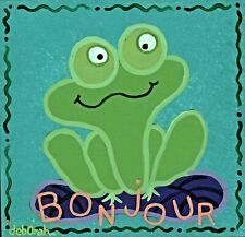 GOOD DAY -  BONJOUR; HAPPY GREEN FRENCH FROG FOLK ART PAINTING on block of wood. picture
