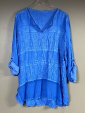 Soft Surroundings Top Women 1X Plus Blue Button Down Preppy Pleated Embroidered picture