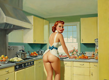 Retro 1950s vintage pinup of half naked wife in kitchen 8.5x11