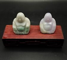 Pair of Late Qing Jade Buddhas (Green & Lavender) on Rosewood Stand 19th C picture