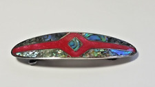 VTG RED ENAMEL ABALONE SHELL SILVER PLATED HAIR BARRETTE ALPACA MEXICO HAND MADE picture