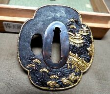 Tsuba Japanese Sword Guard Osaka Castle Engraved Inlaying Mokko Shape Japan picture