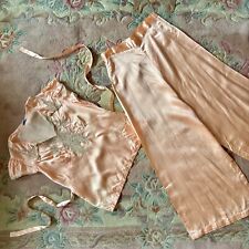 Vintage 1930s 1940s Pajama Set Silk Satin Lace Boudoir Peach L picture