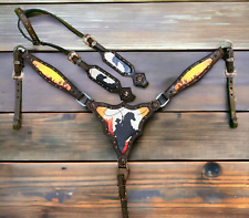 Western Leather Headstall and Breast Collar Vintage Bucking Horse Fit Size MOUSM picture