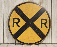 Railroad Sign Train Crossing Round Warning Tin Metal Vintage Rustic Replica picture