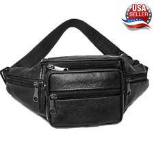 Genuine Leather Fanny Pack Multi Zippered Waist Bag Hip Belt Purse Black Pouch picture