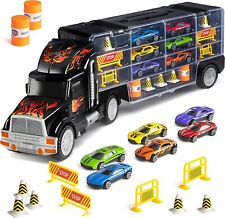 Toy Truck Transport Car Carrier 2-Sided Includes 6 Toy Cars and Accessories picture