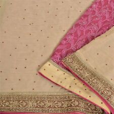 Sanskriti Vintage Ivory/Pink Sarees Blend Georgette Hand Beaded Sari Fabric picture
