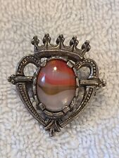 VINTAGE SILVER TONE MIRACLE CELTIC DESIGN AGATE GLASS BROOCH PIN picture