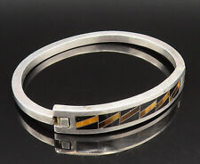 CECILIA TONO 925 Silver - Vintage Inlaid Onyx & Tiger's Eye Bracelet - BT9531 picture