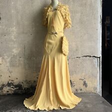 Vintage 1930s Yellow Crepe Dress, Cape & Muff Set Tiered Net Ruffles Art Deco picture