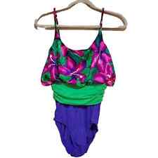 Vintage Sirena Tropical Floral One Piece Women's Size 12 Color Purple Pink Green picture