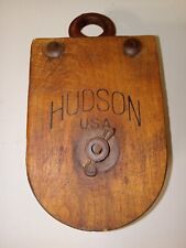 VINTAGE HUDSON USA BARN FARM ROPE w/WOODEN WHEEL PULLEY For DECORATION No Cracks picture