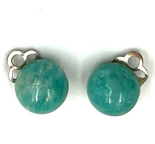 Antique Amazonite Cabochon Silver Earrings Clip On Circa 1930s Hallmarked picture