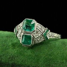 Vintage Art Deco Style Lab Created Emerald Engagement 14K White Gold Finish Ring picture