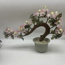 Vintage Large Asian Jade Stone Glass Bonsai Tree 12” Pink Celadon White Flowers picture