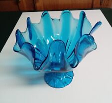 VTG L E Smith Peacock Blue MCM Art Glass Handkerchief Pedestal Compote Vase picture