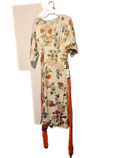 Unique Vintage S/4 Ivory/Orange/Blue Floral Print Kimono Sleeve Wrap Dress picture