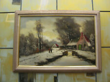 Vintage Possibly Antique Signed Oil on Board Painting of Rural Winter Scene picture