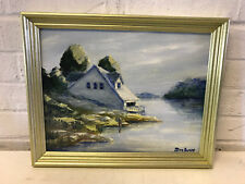 Possibly Vintage Jim Lynn Signed Oil on Board Painting Coastal Landscape w House picture