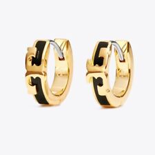 Tory Burch IVORY & GOLD Serif-T Logo HUGGIES Hoop black Earrings picture