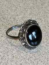 Vintage Marcasite and Black Onyx Oval Sterling Silver Ring, Size 8.25 picture