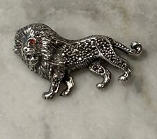 Diminutive Lion Pin. Sterling, Marcasite. Crystal Eyes. Gorgeous Clasp. Leo Pin. picture