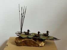 Vintage MCM Bijan Signed Metal & Stone Sculpture Ducks, Cattails & Lily Pads picture