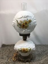Vintage Embossed Lion Head GWTW Hurricane Lamp 3 Way Milk Glass Floral HEDCO NY picture