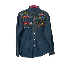 Vintage 50’s-60’s El Cisne Mexican Made Hand Embroidered Denim Western Shirt picture